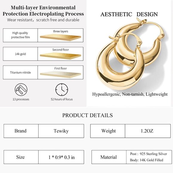 14k Gold Plated Thick Triple Hoop Earrings Hypoallergenic Trendy Chunky Gold - Picture 5 of 9